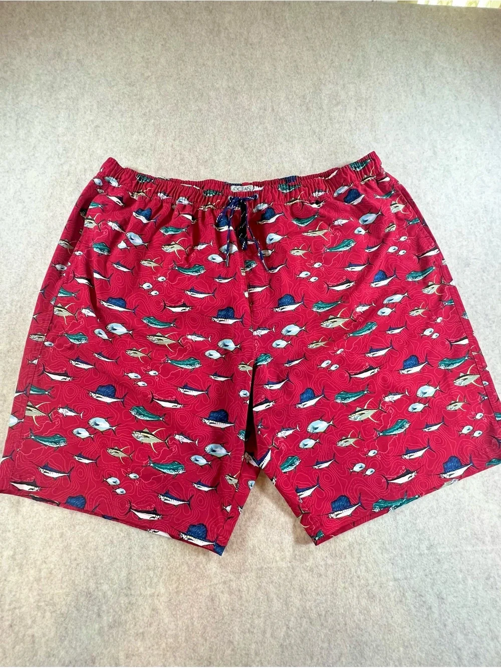 Ocean Coast Mens 2XLT Red Fish Print Swim Trunks Board Shorts